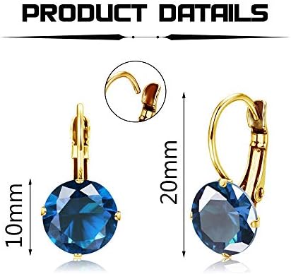 Kakonia 12 Pairs Leverback Dangle Earrings Set for Women Gold Plated CZ Stainless Steel Earrings 10MM Multicolor Cubic Zirconia Drop Earrings
