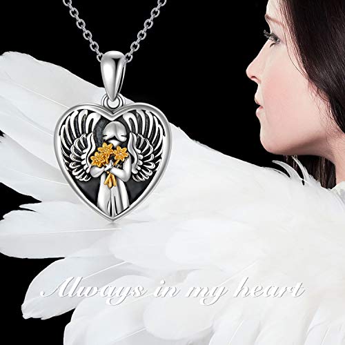 Romantic Work Angel Heart Shape Locket Necklace That Holds Pictures Sterling Silver Sunflower Pendant Jewelry Graduation Gift For Women, Engraved Forever In My Heart, 14 K White & Yellow Gold Plated #TOP4