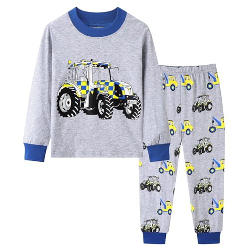 Conjunto de pijama para niños con estampado de dinosaurios, pijama de manga larga de algodón para dormir, camisetas y pantalones, ropa de dormir para niños, Tractor-2, 7 años