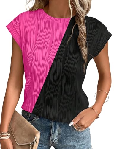 Gemulate Ladies Knit Solid Summer Outfit Lightweight Short Sleeve Tops for Women Blouses Casual Round Neck Basic tee Shirts Hot Pink Black S