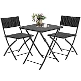 Picture of TiuBroe Rattan Patio Bistro Set, 3 Piece Foldable Outdoor Patio Furniture Sets, with Folding Table and Two Chairs, for Garden, Backyard, Pool, Lawn, Porch, Balcony, All Weather Rattan Style (Black)