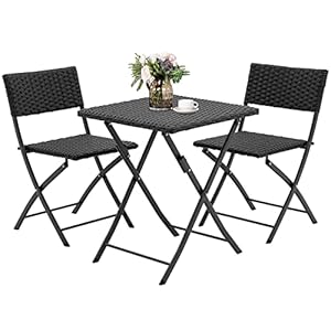 Rattan Patio Bistro Set, 3 Piece Foldable Outdoor Patio Furniture Sets, with Folding Table and Two Chairs, for Garden, Backyard, Pool, Lawn, Porch, Balcony, All Weather Rattan Style (Black)