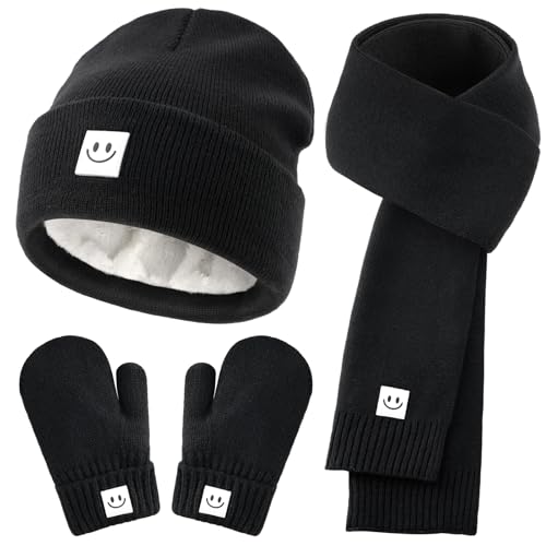 Toddler Baby Beanie Mittens Scarf Set, Knit Warm Winter Hat for Boys Girls Kids Cap Gloves Neck Scarf Fleece Lining