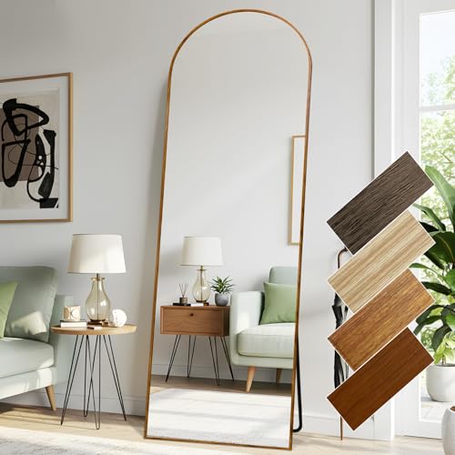 Anpark Arched 26x71 Inch Full Length Mirrors Aluminium Frame in Classic Yellowish Brown Wood Looking Free Standing Floor Mirror Full Body Wall Mounted for Bedroom Living Room and Hallway