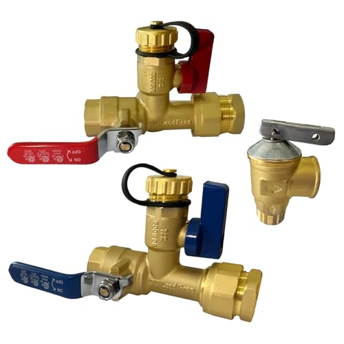 CAMPLUX 3/4 Inch IPS Isolator Tankless Water Heater Service Valve Kit, with Pressure Relief Valve, Clean Brass Construction