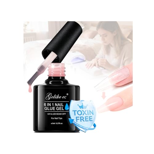 Gelike EC Peachy Jelly Nail Glue Gel - 6 in 1 Extra Strong Clear Acrylic Nails - Long Lasting Extension Adhesive UV Nude Pink Nail Glue for Clear Press On Nail Tips - UV Cure Required