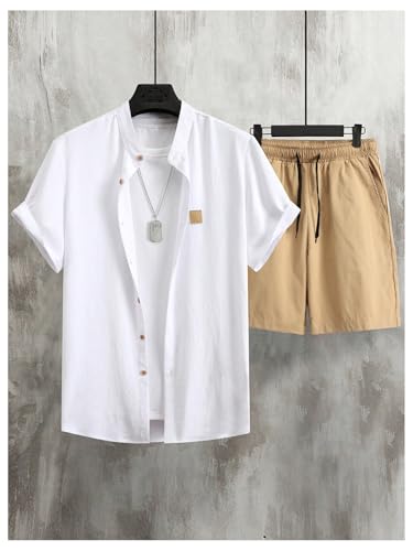 SOLY HUX Men's Casual Tracksuit Button Down Shirt and Drawstring Waist Short Sets Summer 2 Piece Outfits White and Khaki Medium
