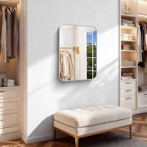 Image of Silver Bathroom Mirror, 18 x 24 Inch Rectangle Mirrors for Wall, Rounded Corner Metal Framed Wall Mounted Mirror for Over Sinks Living Room Bedroom Entryway Hangs Horizontal /Vertical