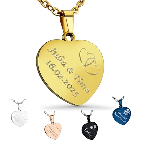 Hanessa Personalisierte Kette mit Gravur Edelstahl 50 cm mit Anhänger Herz in gold - Personalisierte Halskette für Frauen - Personalisierter Schmuck Damen Kettenanhänger Hanessa Personalisierte Kette mit Gravur Edelstahl 50 cm mit Anhänger Herz in gold - Personalisierte Halskette für Frauen - Personalisierter Schmuck Damen Kettenanhänger