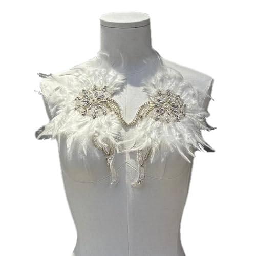 JRYYR 1 Pair Feather Rhinestone Applique, White Rhinestone Applique for Dress, Wedding Dress, Costume Decoration Accessory Patch. (Feather Applique-White)