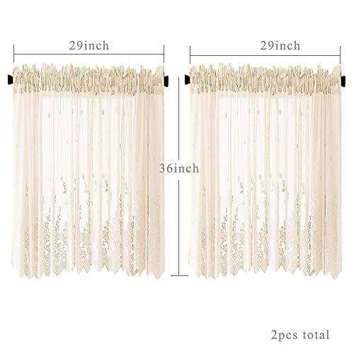 Topmodehome Kitchen Window Tier Curtains 58X36Inch, Flower Lace Sheer Curtain Set 2 Panelswindow Kitchen Cafe Curtains Pocket Window Treatment For Dinning Living Room Bedroom(2Pcs Beige 29X36) #TOP2