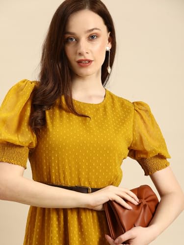 Image of Amazon Brand - INKAST Women A-Line Midi Dress | Puff Sleeves | Perfect for Casual and Semi-Formal Occasions