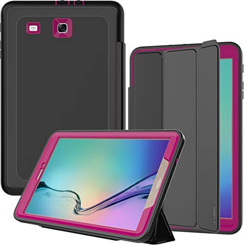 Galaxy Tab E 9.6 Case SM-T560/SM-T561 - SEYMAC Rugged Heavy Duty Protection Shockproof Folio Case with Tri-fold Stand Cover for Samsung Galaxy Tab E 9.6 Inch Tablet SM-T560/SM-T561, Black/Rose