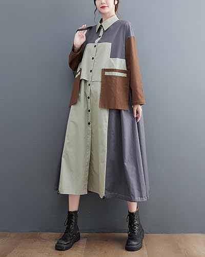 Image of ellazhu Women's Shirt Dress Button Down Lapel Color Block Two Side Pockets Loose Oversize Fall GZ246
