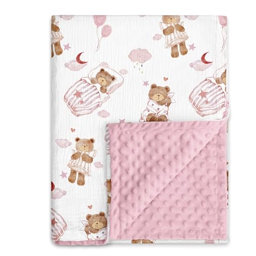 Image of GLLQUEN BABY Blankets for Girls, Soft Muslin Cotton Front Dotted Fleece Backing, Nursery Minky Crib Blanket for Infant Toddler, 30 x 40 inches Throw Blanket, Pink Bear