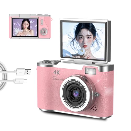 zunate 48mp 1080p digital camera - 18x zoom vlogging camera with 2.4" hd flip screen led fill light for, portable travel camera for teens beginners with long battery life (pink)