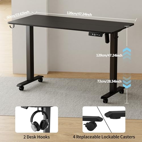 TIQLAB Standing Desk 47 x 24 inch, Electric Height Adjustable Desk with Splice Board, Stand Up Desk, Sit Stand Computer Desk for Home Office, Black Frame/Black Top