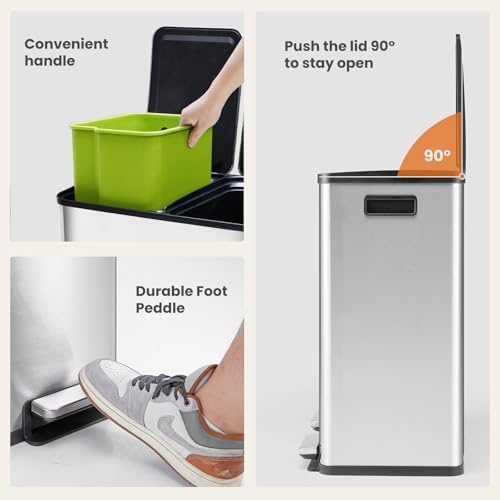 NEWBULIG 2×8-Gallon Kitchen Trash Can, Stainless Steel Garbage Can with Lid, Dual Removable Buckets, Soft-Close Foot Pedal, Fingerprint-Proof for Home & Office - Image 4