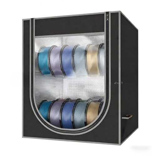 Caja porta filamentos 3D profesional – 2 estantes de metal, estructura reforzada, anti polvo y protección anti humedad (con desecante) – ventana transparente, hasta 24 bobinas (gris)