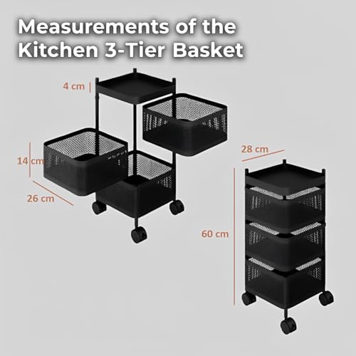 Image of KRISHYAM Kitchen Trolley with Wheels | 3-Layer Metal Vegetable Basket Stand & Kitchen Storage Rack | Multipurpose Onion Potato Rack for Kitchen | Vegetable Basket Organizer Black (3-Tier Square)