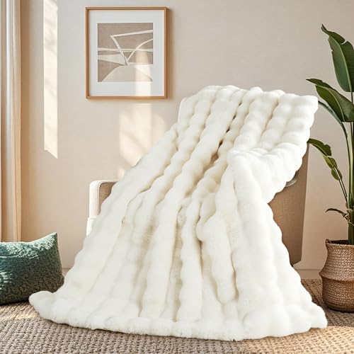 ROMROL Premium Kaninchen-Kunstfelldecke 150x200 cm, Dick Luxus Kunstfelldecke Winterdecke Maschinenwaschbar Für Sofa Bett Couch, Ultraweiche Plüschdecke Geschenk, Weiß