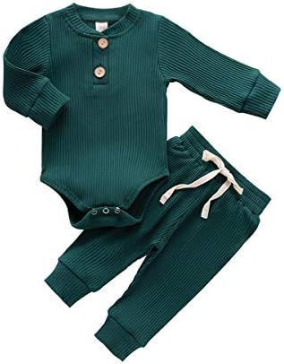 Newborn Baby Boy Girl Clothes Ribbed Knitted Cotton Long Sleeve Romper Long Pants Solid Color Fall Winter Outfits (A- Green, 3-6 Months)