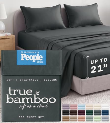 Image of TRUE BAMBOO Sheets Set Queen Size - 21 inch Extra Deep Pocket - Dark Grey