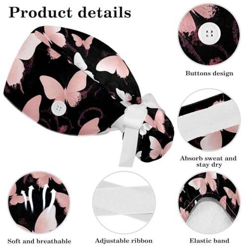Image of Butterfly Scrub Cap Women with Ponytail & Buttons Adjustable Surgical Nurse Hat with Cotton Sweatband for Long Hair
