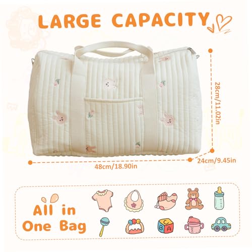Quilted Duffle Bag 19x9x11 Inch Soft Cotton Portable Baby Travel Bag with Handle & Adjustable Strap Cute Floral Rabbit Baby Supplies for Women Walking Shopping Picnics2