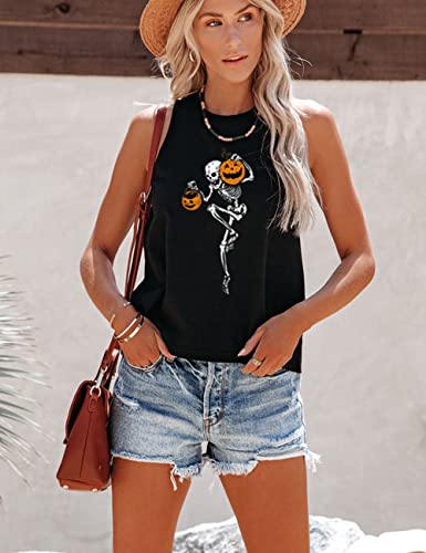 Mokoru Women's Funny Halloween Skeleton Pumpkin Skull Graphic Sleeveless Tank Top Shirts, Small, Skeleton Pumpkin Black #TOP2