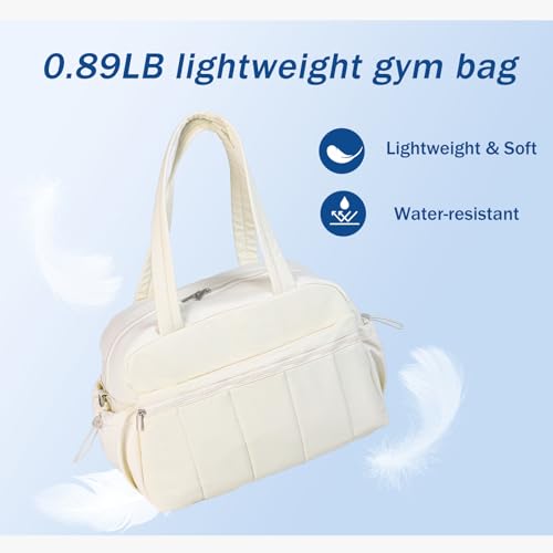 Puffer Gym Bag for Women, Travel Duffle Bag for Airplanes with Wet Pocket, Small Weekender Bags for Women, Carry on Workout Overnight Duffel Bag for Hospital, Sport, Yoga, White3