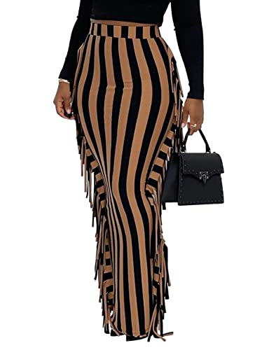 Lrady Women's Elastic Waist Slim Bodycon Side Tassels Long Maxi Pencil Skirts Print Color Block Brown #TOP1