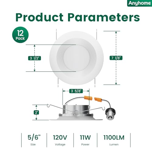 Anyhome 5/6 Recessed Lighting Led,12 Pack 5CCT Retrofit Led Can Lights,2700K/3000K/3500K/4000K/5000K,Dimmable,Baffle Trim,11W 1100LM,50000 Lifetime Hours,ETL & ES,White by Anyhome - Used condition - Image 5