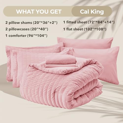 Image of HYMOKEGE Pink California King Comforter Set Seersucker 7 Pieces, All Season Luxury Bed in a Bag for Bedroom, Bedding Set with Comforters, Sheets, Pillowcases & Shams