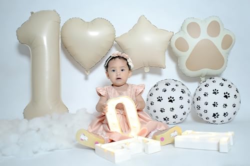 Image of 1st Birthday Dog Paw Balloons Set,18'' Paw Prints, Heart,Star,Paw Shaped Foil Balloon 40 Inch Cream Number 1 Helium balloons for Puppy Themed Baby Shower First Birthday Party Decorations Supplies 6PCS