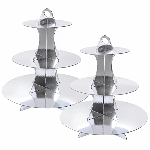Soleebee 3-Tier Round Cupcake Stand, Cardboard Cupcake Tower, Dessert Cup Cake Stand Tower for Birthday Wedding Party Decoration, Cupcake Tier Stand 2 Set (Silver)