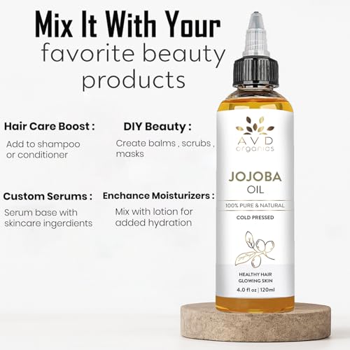 Image of AVD ORGANICS Jojoba Oil for Hair (120ml Large) - Natural Cold-Pressed Unrefined Hexane Free huile de jojoba for Hair, Face, Scalp, Nails & Cuticles | Carrier Oil - 4.05 fl oz