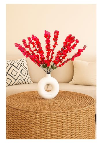 Image of SPHINX Ceramic Vase with Artificial Flowers| Flower Vase for Home Decor,Living Room,Dining Table & Office| Boho Minimalist for Decoration, (Donut with 2 Cherry Bunches) Flower Colour as per Stock