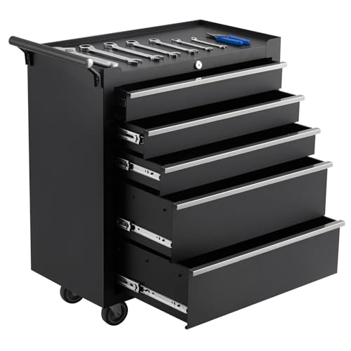 GarveeLife 5-Drawer Tool Box 24" Garage Tool Box with Key Lock and Removable Drawer Liners, Wheeled Design, Suitable for Garages, Warehouses, Workshop