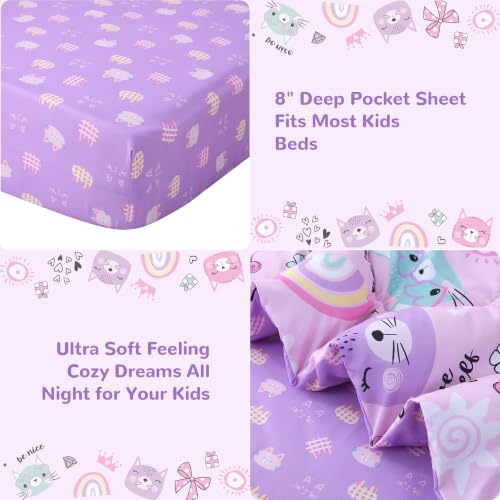 Image of Viviland Toddler Comforter Sets, 4 Pieces Bedding Sets, Cat Pattern | Microfiber Purple Bed Set, Girls, Breathable & Soft, Comforter, Bed Sheet, Fitted Sheet and Pillowcase, Machine Washable