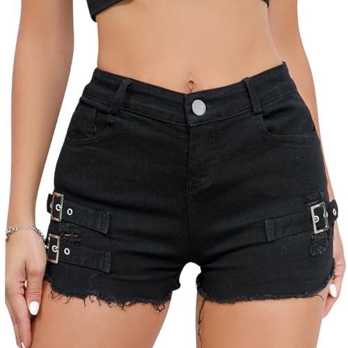 FEOYA Short en Jean Sexy pour Femmes Pantalon Chaud Taille Haute Short Slim Fit Short en Jean Déchiré 02 Noir XXL