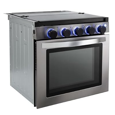 RecPro RV Stove Gas Range 21" Tall | 6500 and 8000 BTU Three Burner | 7100 BTU Oven with 1.8 Cu. Ft Capacity | Black or Stainless Steel Finish (Silver Version B, No Vented Range Hood)