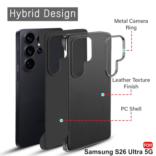Image of TheGiftKart Hybrid Ultimate Slim Back Case Cover for Samsung Galaxy S26 Ultra 5G | Lightweight Profile | Hard Back Cover Case (PC & TPU, Metal Camera Ring, Leather Texture Finish, Black)
