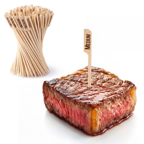Ferrochef 1000 Pack 4 Inch Medium Bamboo Steak Temperature Sticks Bulk Disposable Steak Markers Bamboo Meat Temp Stick Doneness Temperature Markers for Barbeques Barbecue Buffets Party Fruit Grilling