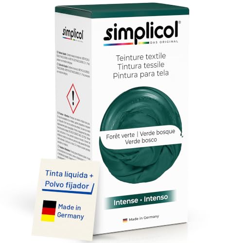 simplicol Tinte Textil Intensivo Verde Bosque Pack de 1 | Tinte para Ropa Resistente al Lavado en Lavadora | Color Líquido y Polvo Fijador con Sal | Tinte para Tejidos para Renovar, Recolorear