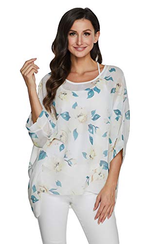 JLTPH Damen Chiffon Böhmen Bluse mit floralem Allover Print, 3/4 Ärmel, One Size (fits women's sizes 36 and 38), Rundhals-Ausschnitt, Tunika, Blumig, Farbenfroher, Casual, 1 stück