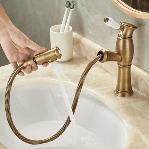 Robinet mitigeur extractible en laiton antique MOCHAMIK pour lavabo monotrou