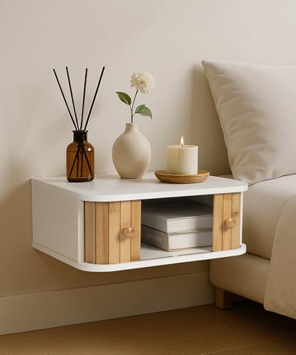 SUMGAR Floating Nightstand White Bedside Table Modern Boho Organi...