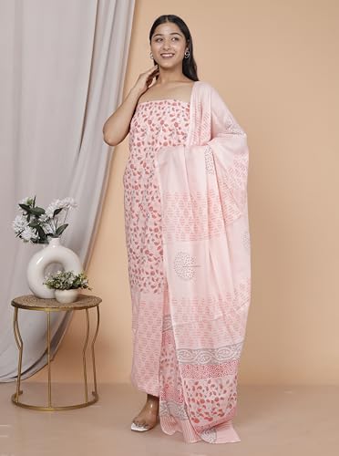 Image of NISHIRE Women's Cotton Jaipuri Hand Block Print Unstitched Suit Material with Cotton Mulmul Dupatta
