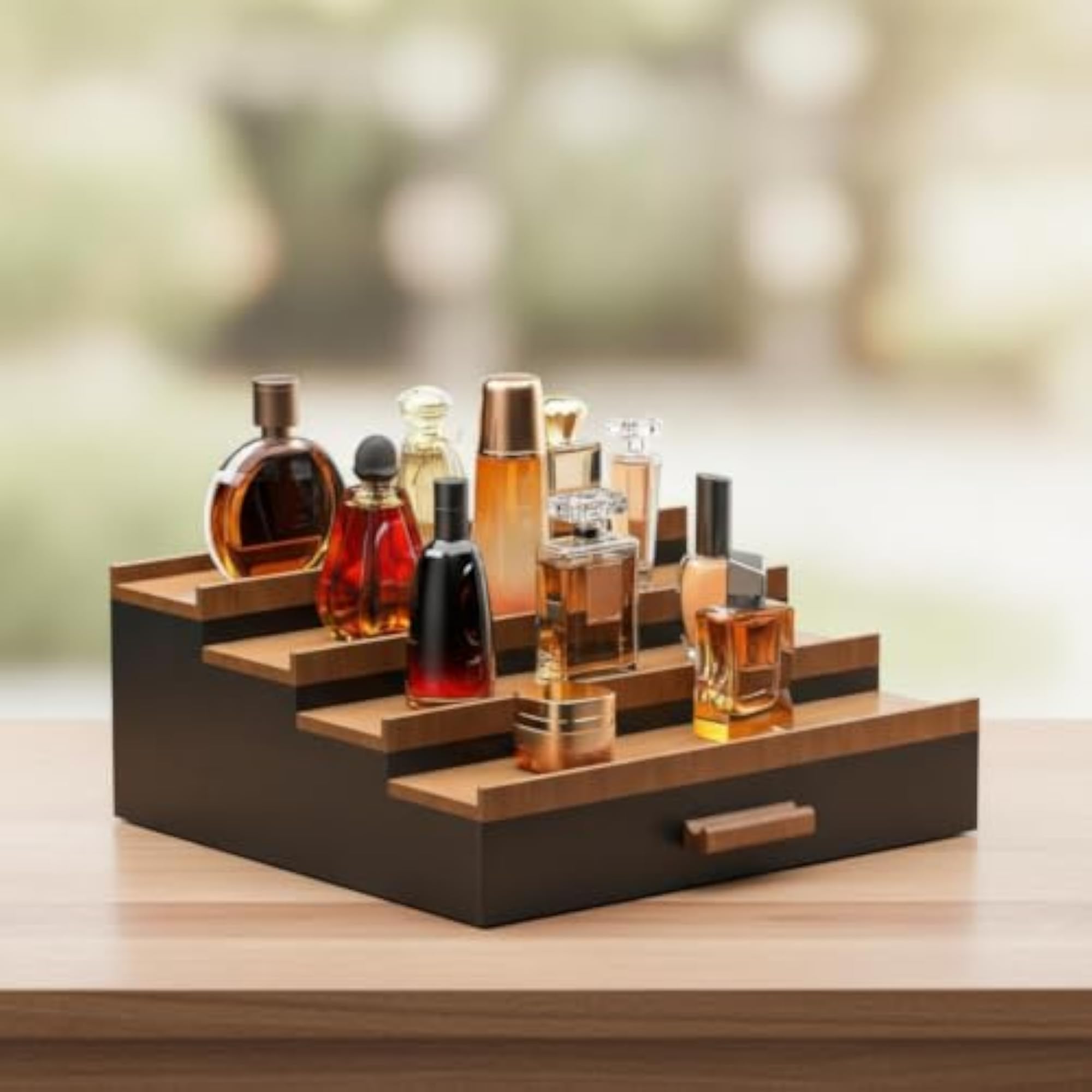 Stepped Wooden Display Rack with Drawer for Perfumes